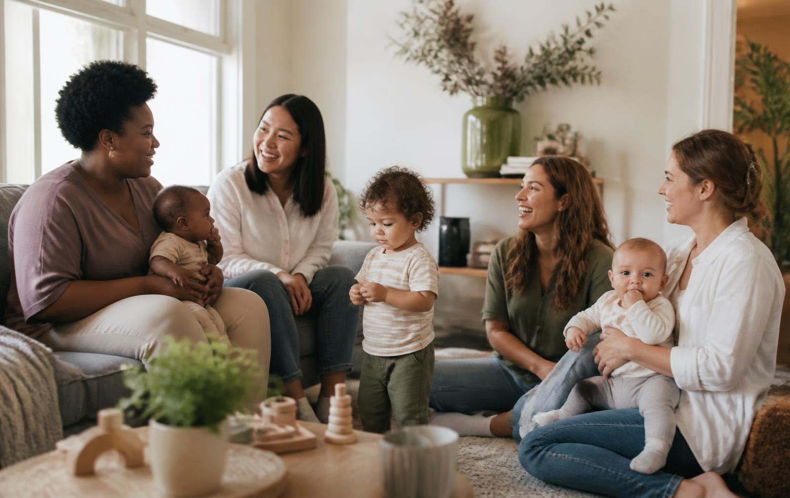 A diverse group of mothers and young children gathered together