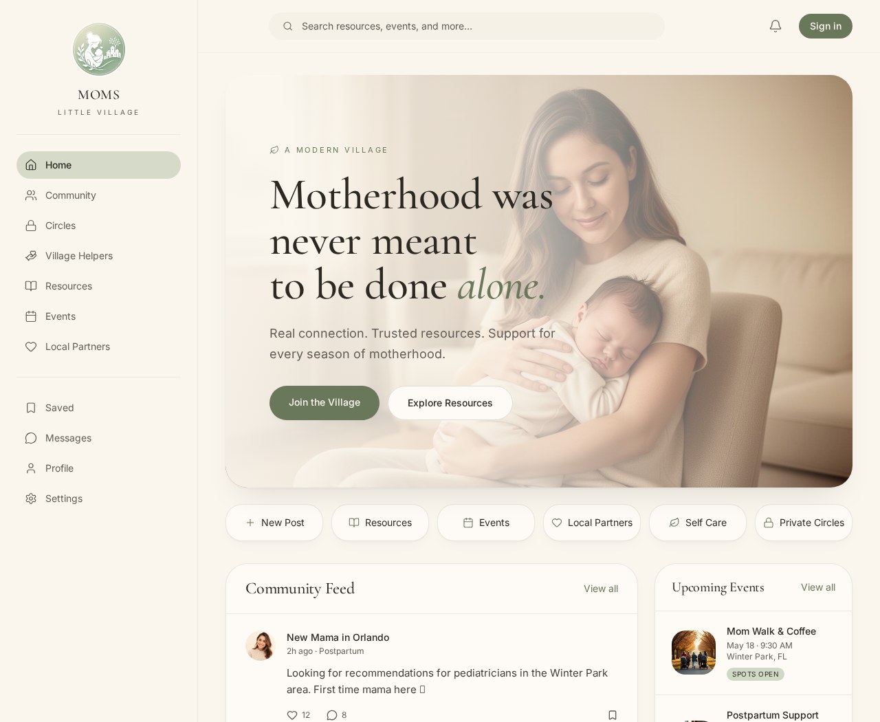 Preview of the Moms Little Village homepage with community, resources, events, and local support