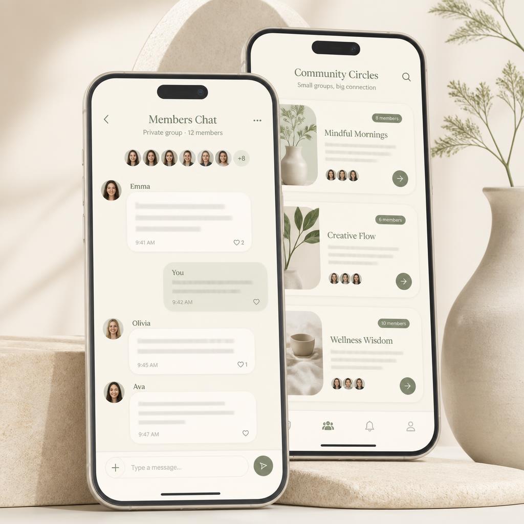 Preview of private Circles showing a group chat and circle directory on two phones
