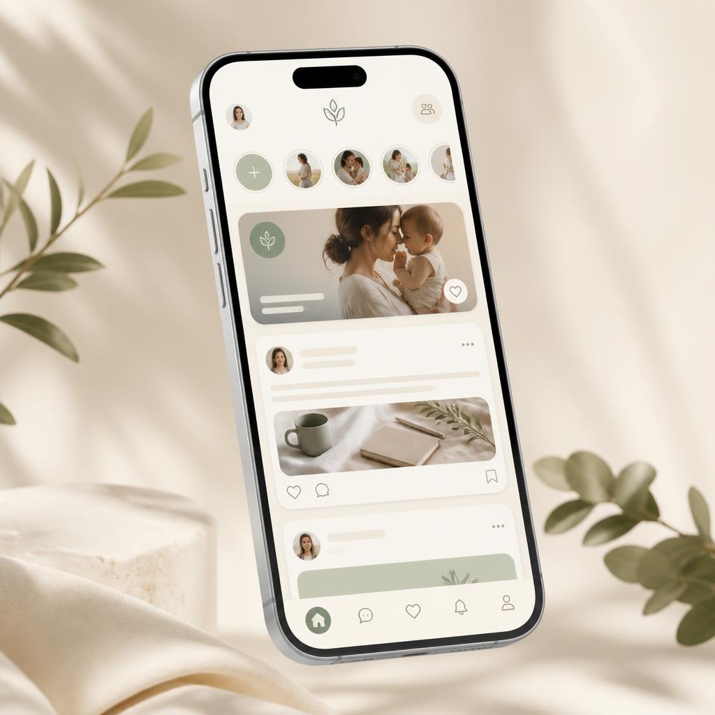 Preview of the Moms Little Village app showing the community feed on a phone