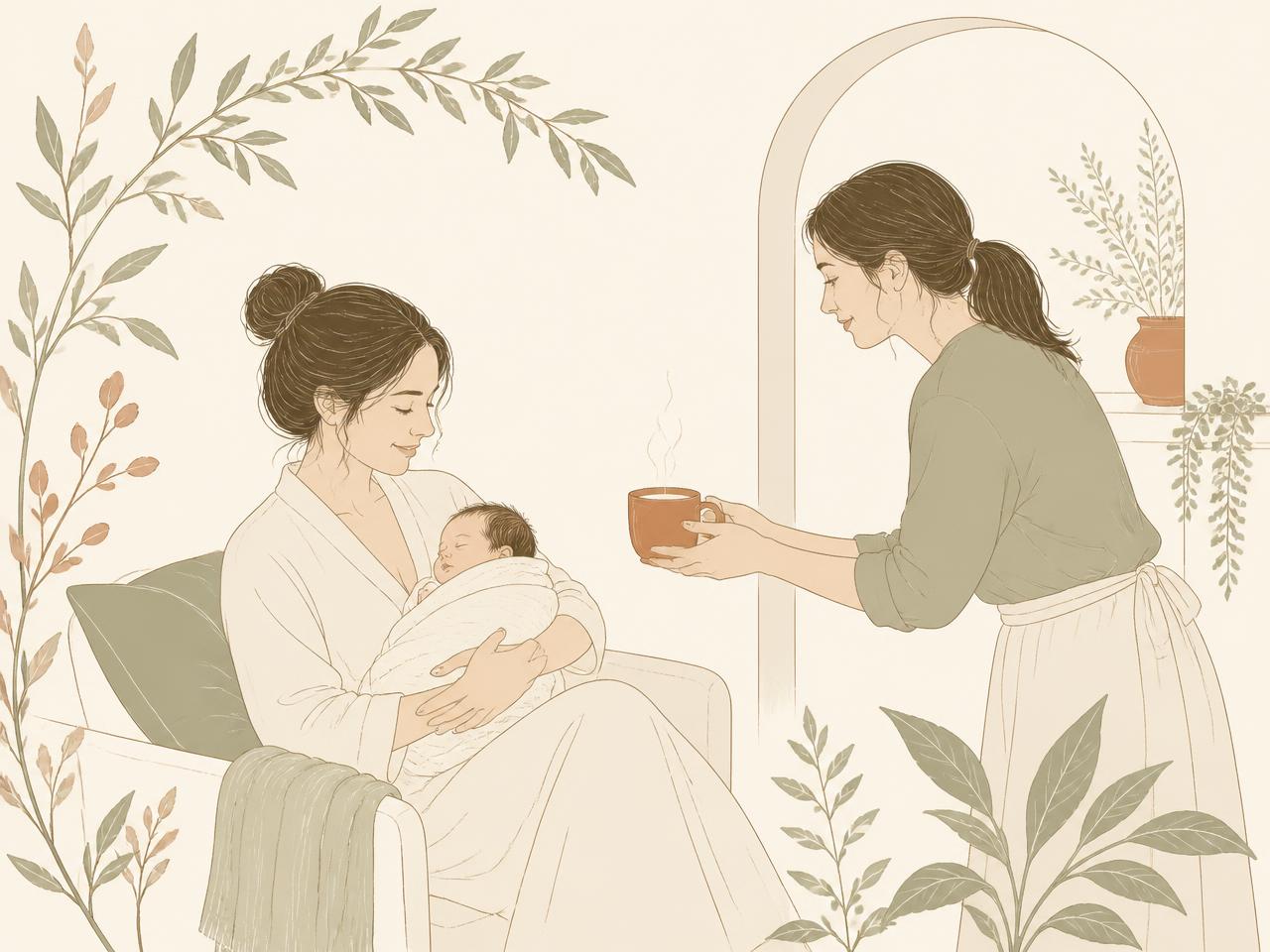 Illustration of a Village Helper bringing a warm drink to a mother holding her newborn