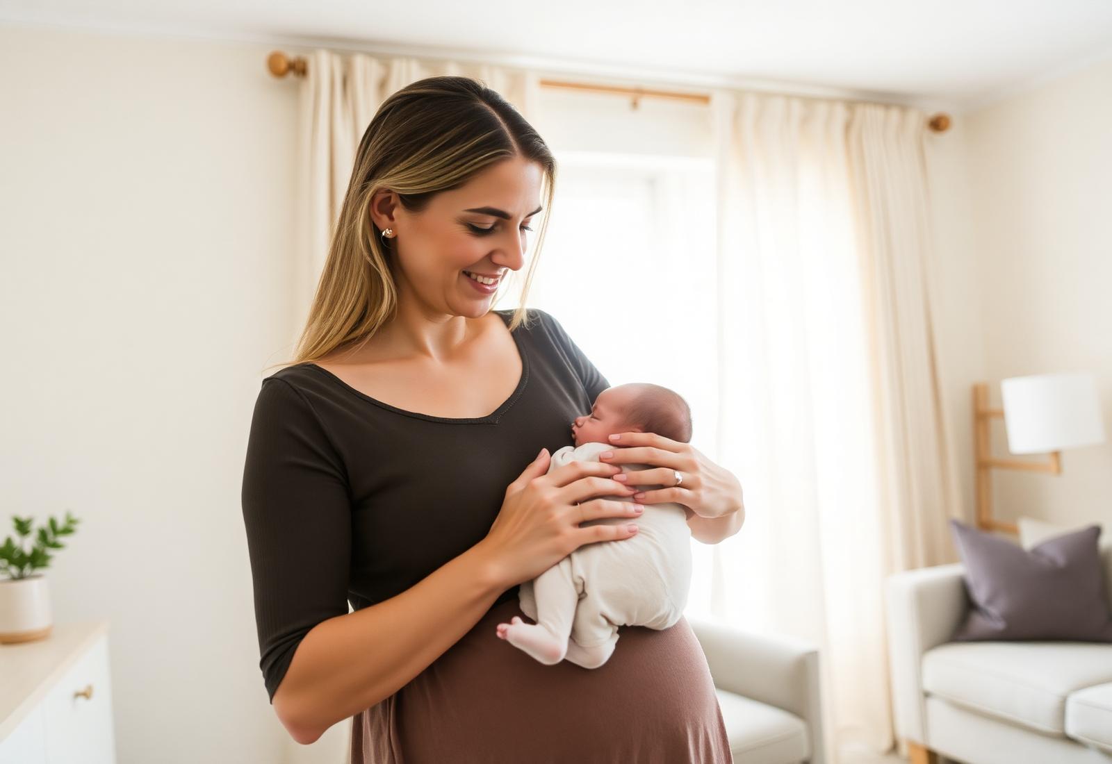 A Village Helper cradling a newborn in a bright, calm home